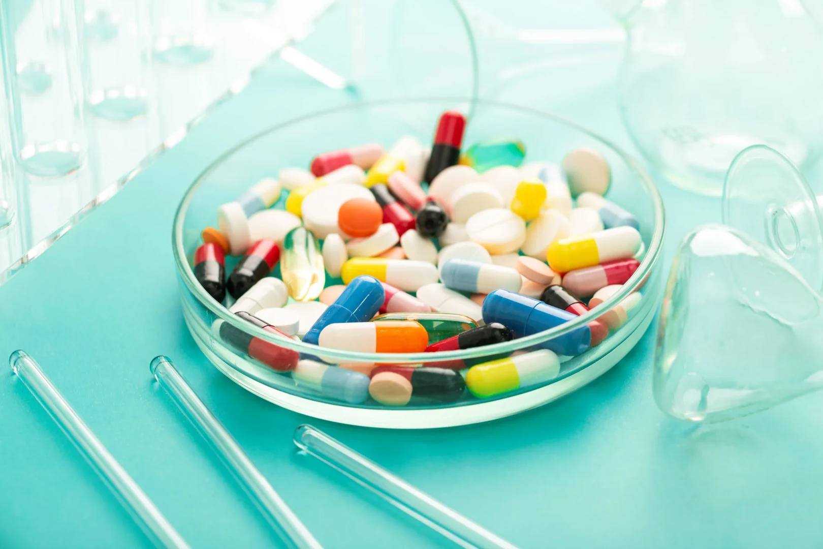 Eine Wissenschaftlerin und ein Wissenschaftler arbeiten hinter einer Glasfassade und mischen Chemikalien mit Großgeräten.