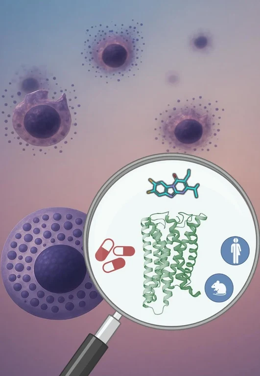 Mast cells are packed with substances - which they release upon coming into contact with allergens (above). Blocking the responsible receptor prevents release, thus hindering a strong inflammatory reaction (below).